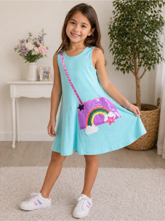 Truly Me Other - Truly Me Girls Rainbow Dress Size 6X Blue Sleeveless Skater Dress Sequin Patch